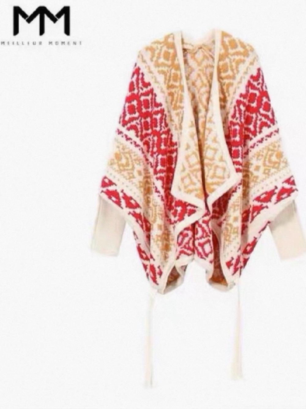 Cream Open-Front Cardigan with Red & Gold Pattern - Picture 2 of 2
